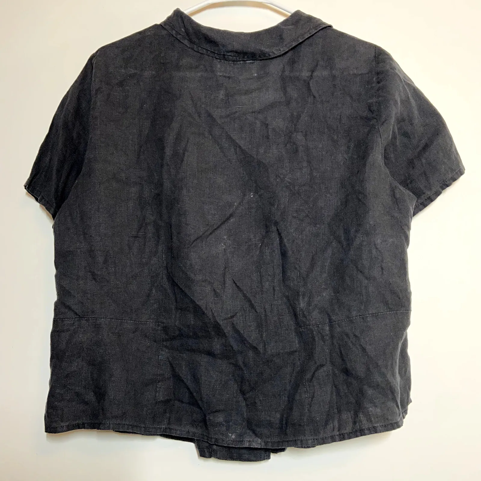 FLAX Button Up Shirt 100% Linen Short Sleeve Lagenlook Box Fit Black Medium - Image 5