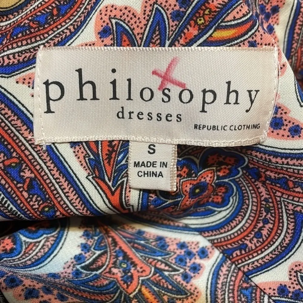 Philosophy Paisley V Neck print pink blue sleeveless casual dress Sz small - Image 2