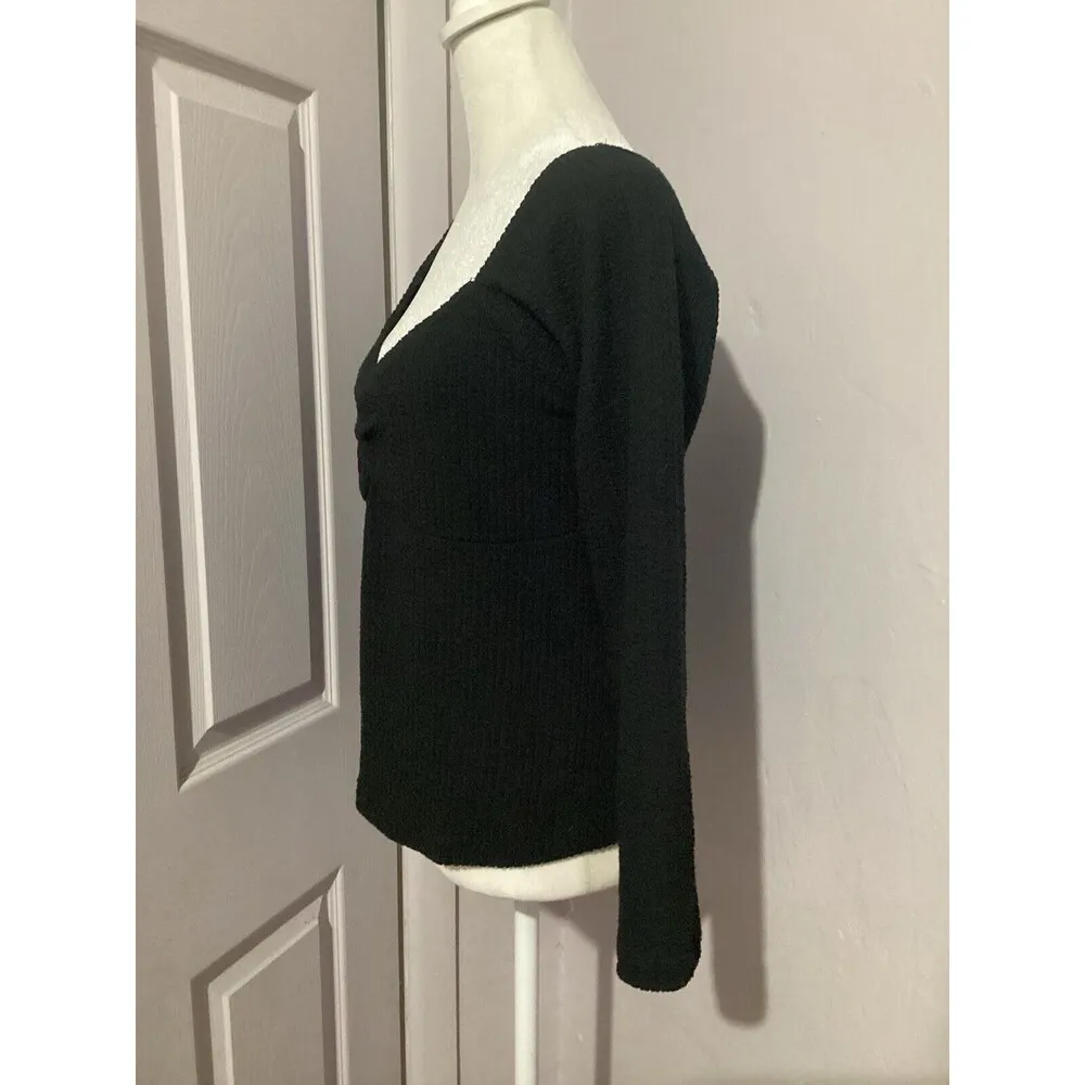 Maeve Black Textured Knit Sweetheart Neck Ruched Long Sleeve Blouse M - Image 3