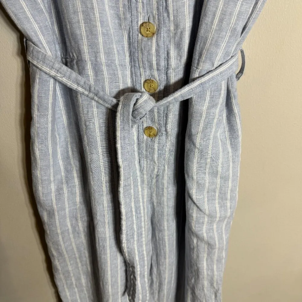 Everlane Linen Striped Button Up Jumpsuit Women's 4 Blue Tie Waist Boho Coastal - Image 9