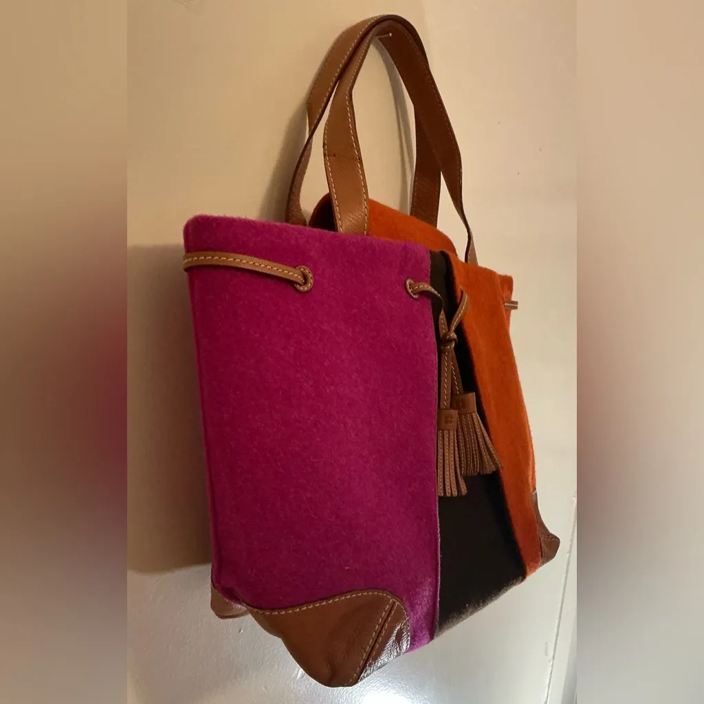 Kate Spade Coal Devon Purse Orange Pink Brown Wool Blend Leather Tote Purse Bag - Image 3