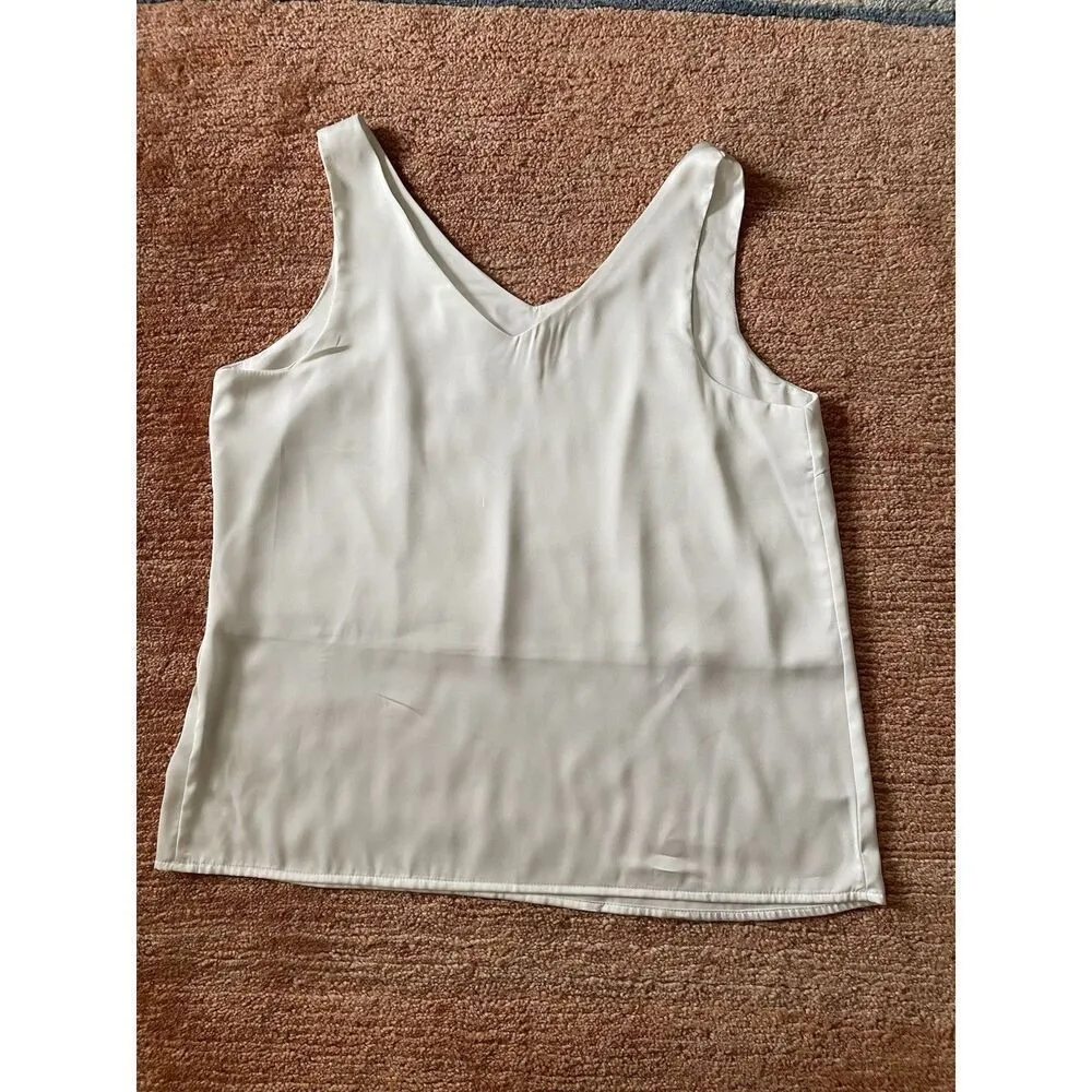 Ekouaer Ivory Satin Tank Top M Sleeveless V Neck Lined Camisole Blouse Elegant - Image 7