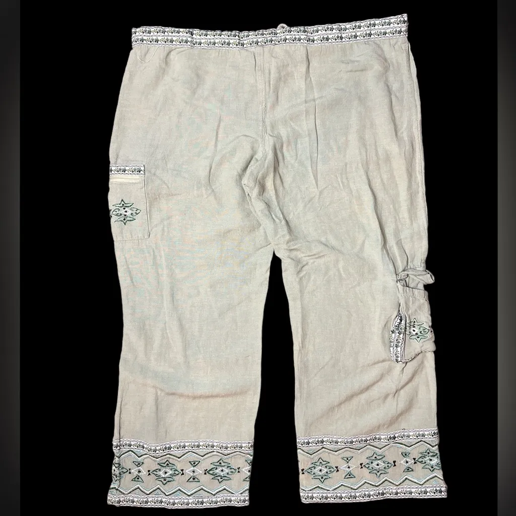 Vintage Y2K Embroidered Linen Capri Wide Leg Drawstring Cargo Pocket Floral Green Size L - Image 3