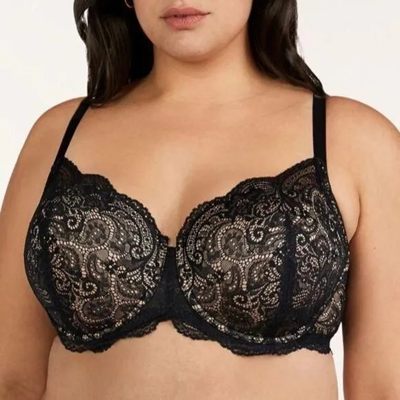 ThirdLove 44E 24/7 Lace Contour Plunge Bra Womens Black Nude Underwire Padded - Image 1