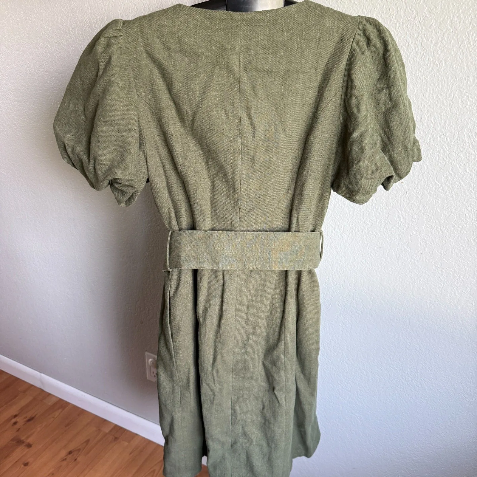Roolee Salt Puff Sleeve Ramie Cotton Natural Snap Front Belted Modest Dress M Green Size M - Image 2