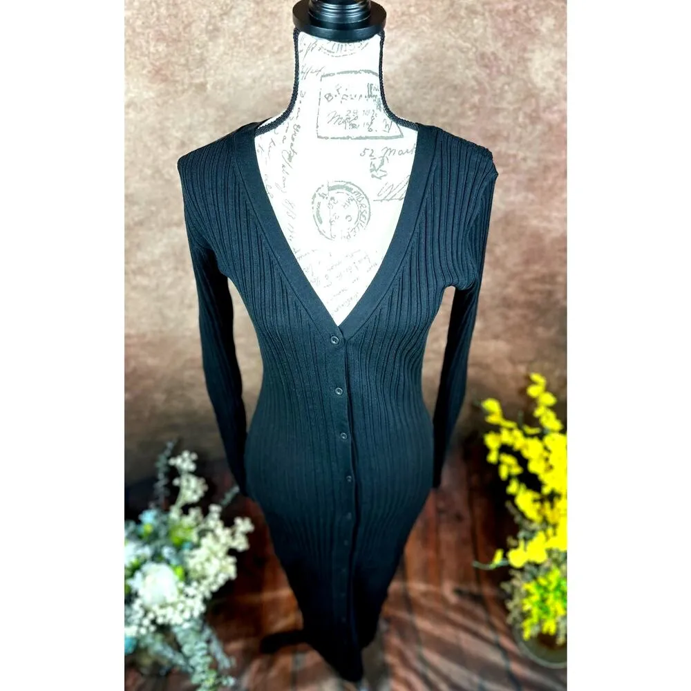 LITA By Ciara Icon Rib V Neck Cardigan Button Front Midi Dress Black M Size M - Image 10