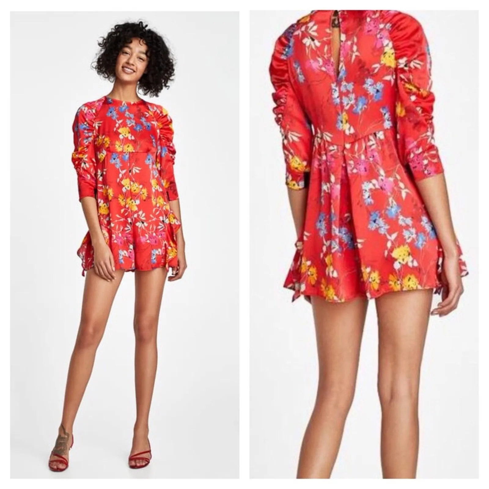 NWT Zara Satin Romper Small Red Japanese Floral Ruffle Puff Sleeve Ruched - Image 2