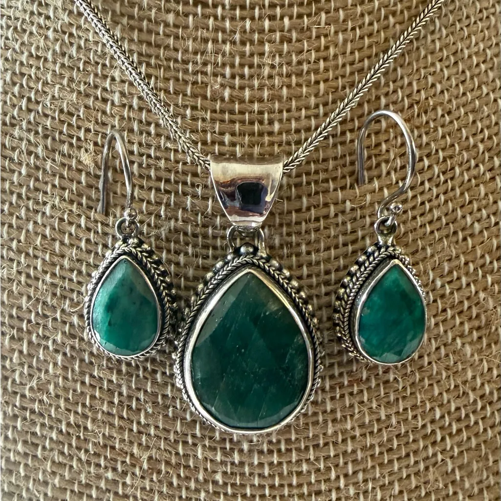 Designer BJC Samuel Benham Beryl Gemstone Necklace Earring Set Green - Image 2