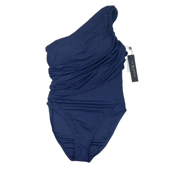 La Blanca NWT $120 Island Goddess Shirred One Shoulder One‎ Piece Blue 12 M L - Image 2