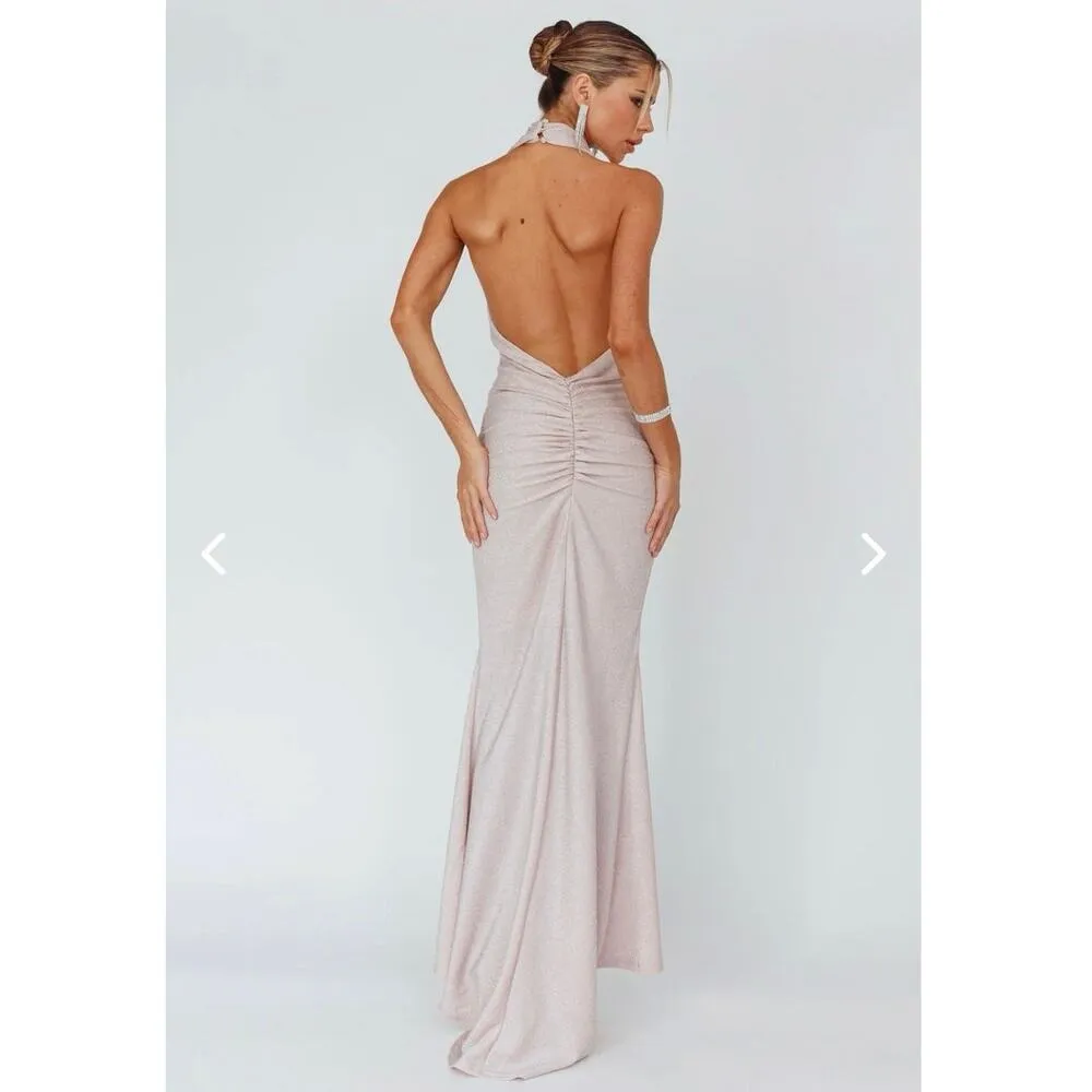 Selfie Leslie US XS Soleil Moon Halterneck Maxi Dress Sparkle Blush Formal Prom - Image 2