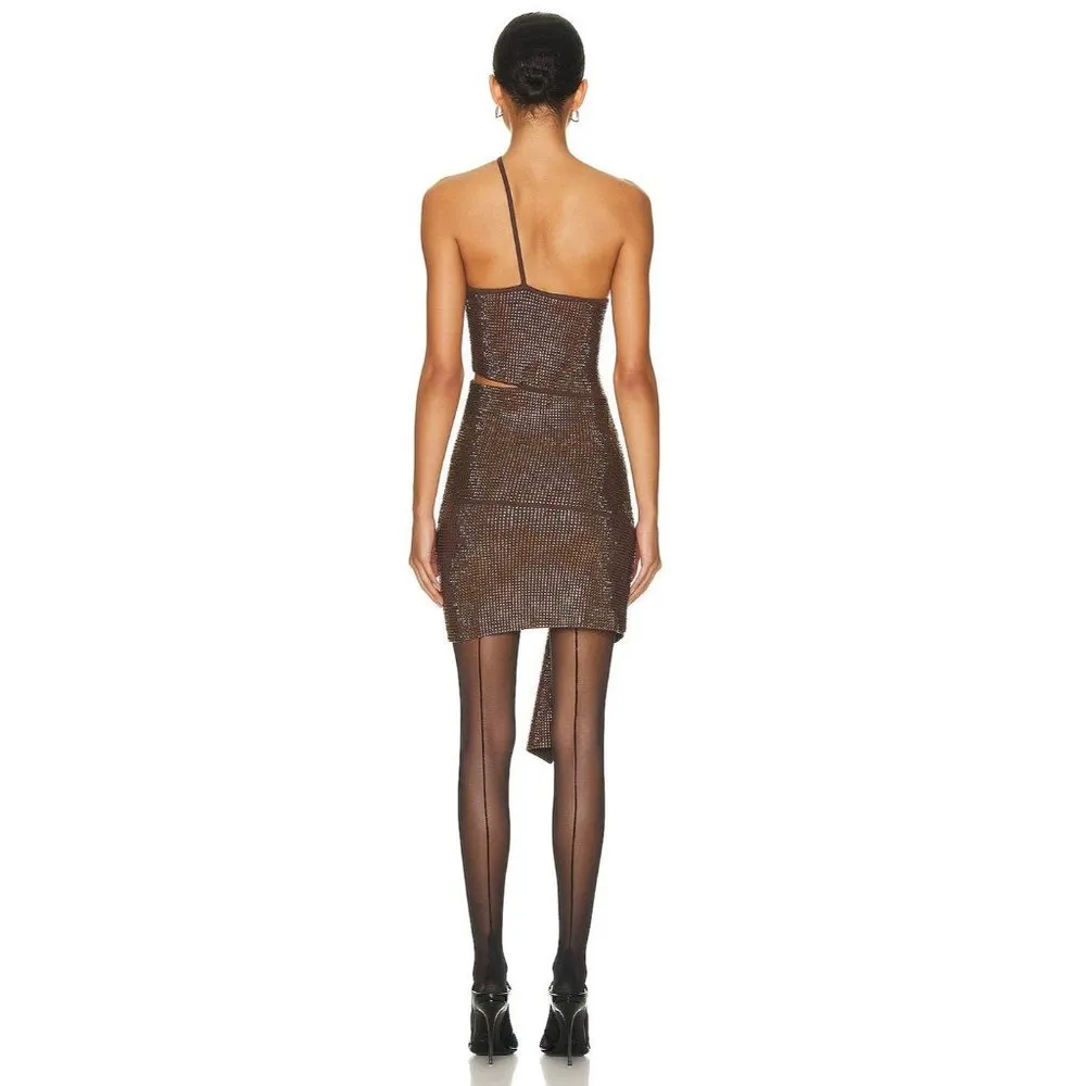 ANDREADAMO Full Strass Mono Shoulder Mini Dress in Brown Large New Womens - Image 3