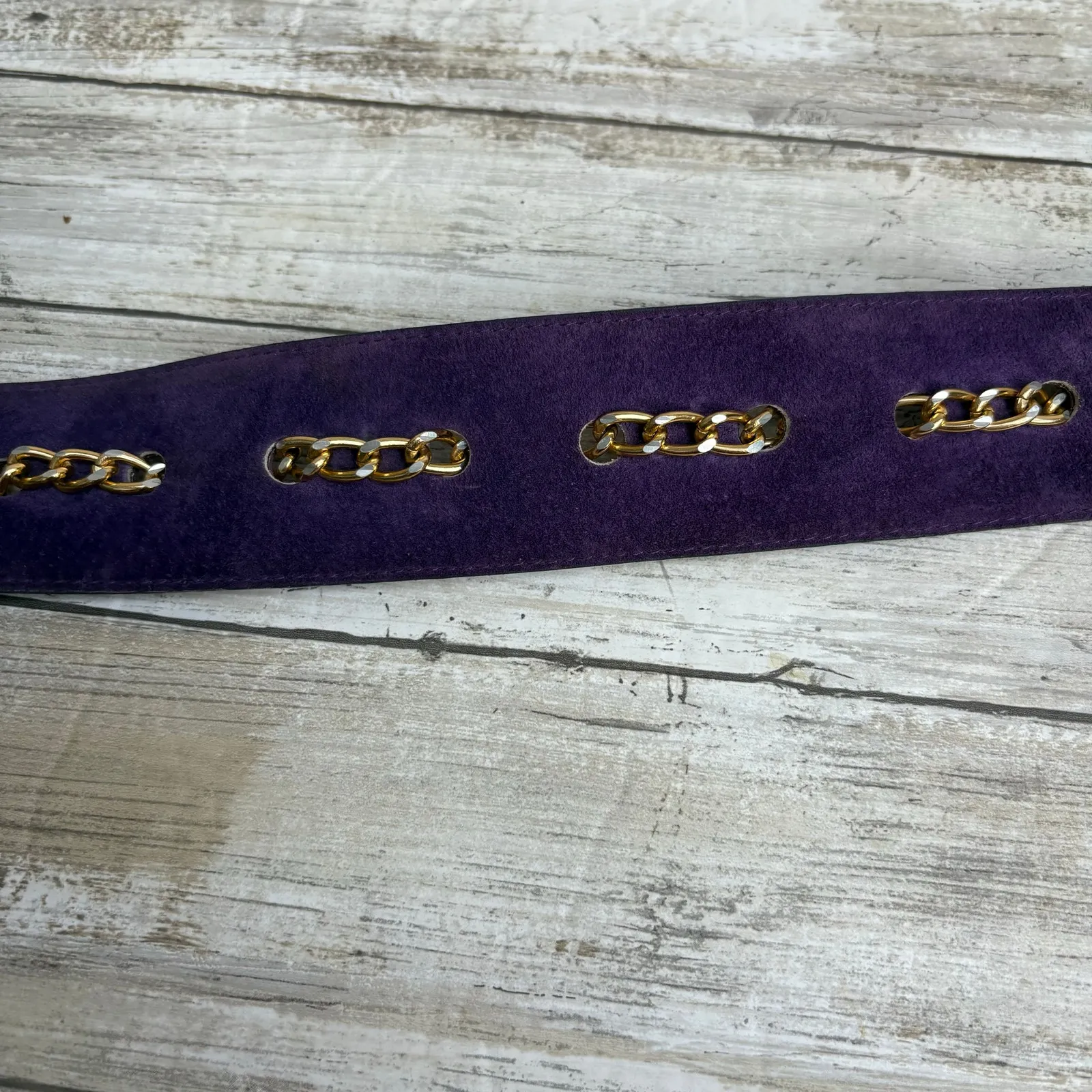 VTG Loring & Paige Suede Belt Sz ML Purple Gold Chunky Chainlink Adjustable 80s - Image 11