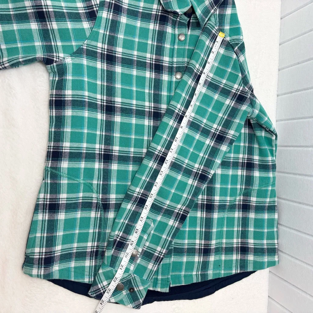 Orvis Flannel Blue Teal Plaid Fleece Lined Shacket Snap Front Size M - Image 10