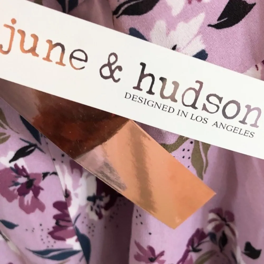 June & Hudson Bell Sleeve Dress Faux Wrap Floral Print Purple Black Size M NWT - Image 7