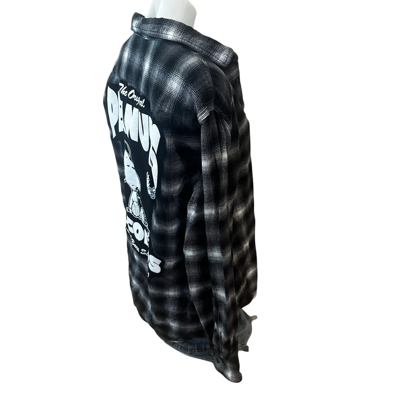 Snoopy Records Plaid Flannel Shirt XL Oversized Shacket Peanuts Woodstock Unique Black - Image 3