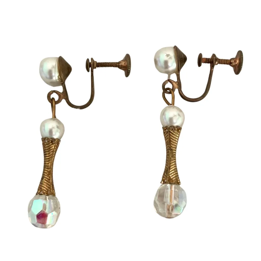 Vintage 60s Gold Tone Faux Pearl AB Crystal Drop Screw Back Clip Earrings Retro - Image 7