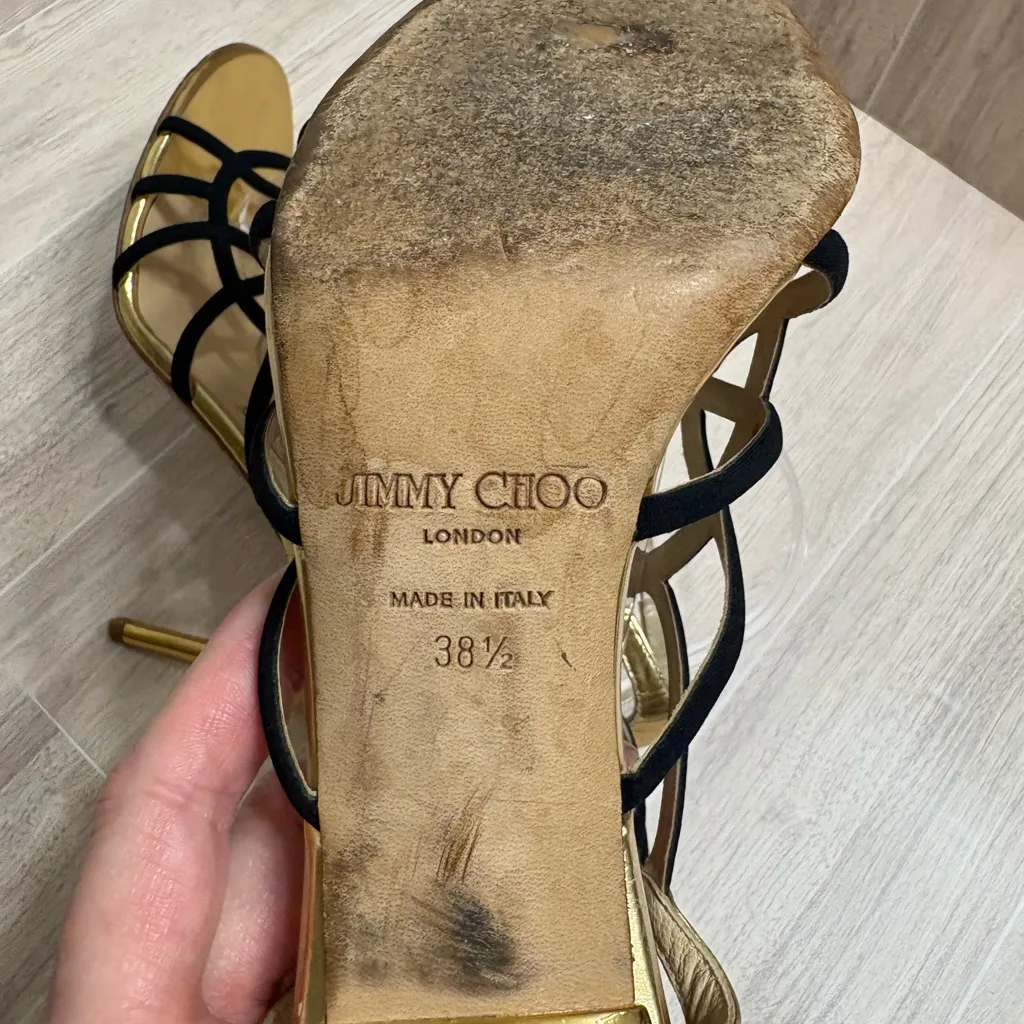 Jimmy Choo Bunting Gold and Black Suede Leather Myth Strappy Caged Heels - Image 9