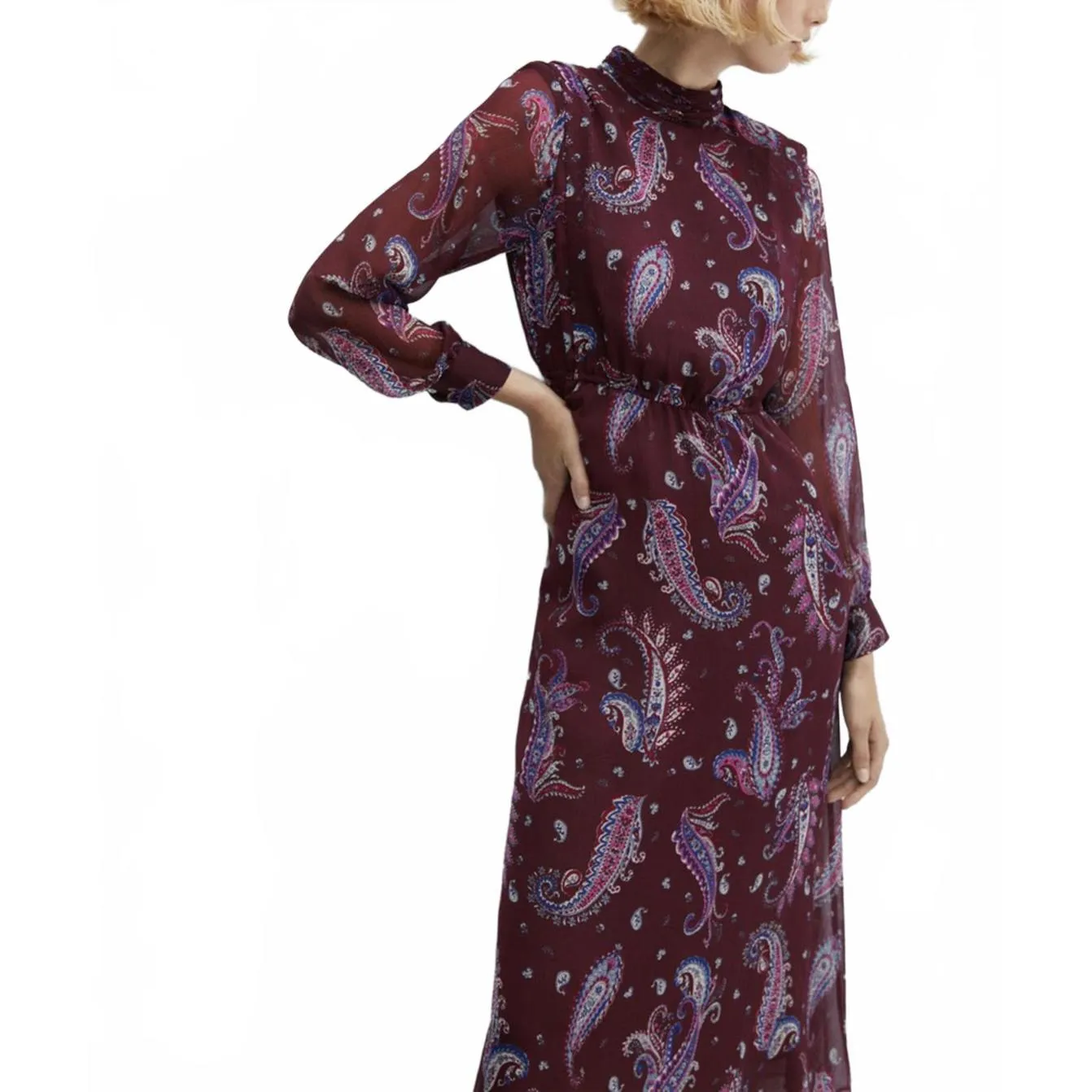 Mango Long Sleeve Flowy Paisley-Print Dress Midi Sandy Maroon NWT Size 2/XS - Image 3