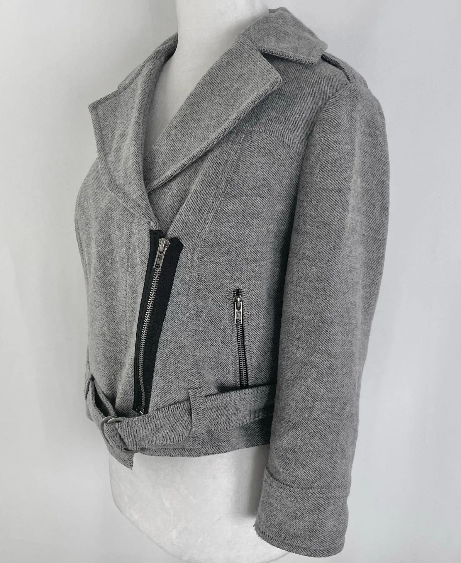 Topshop Wool Blend Asymmetric Zip Front Belted Biker Moto Jacket Grey Size 6 - Image 5