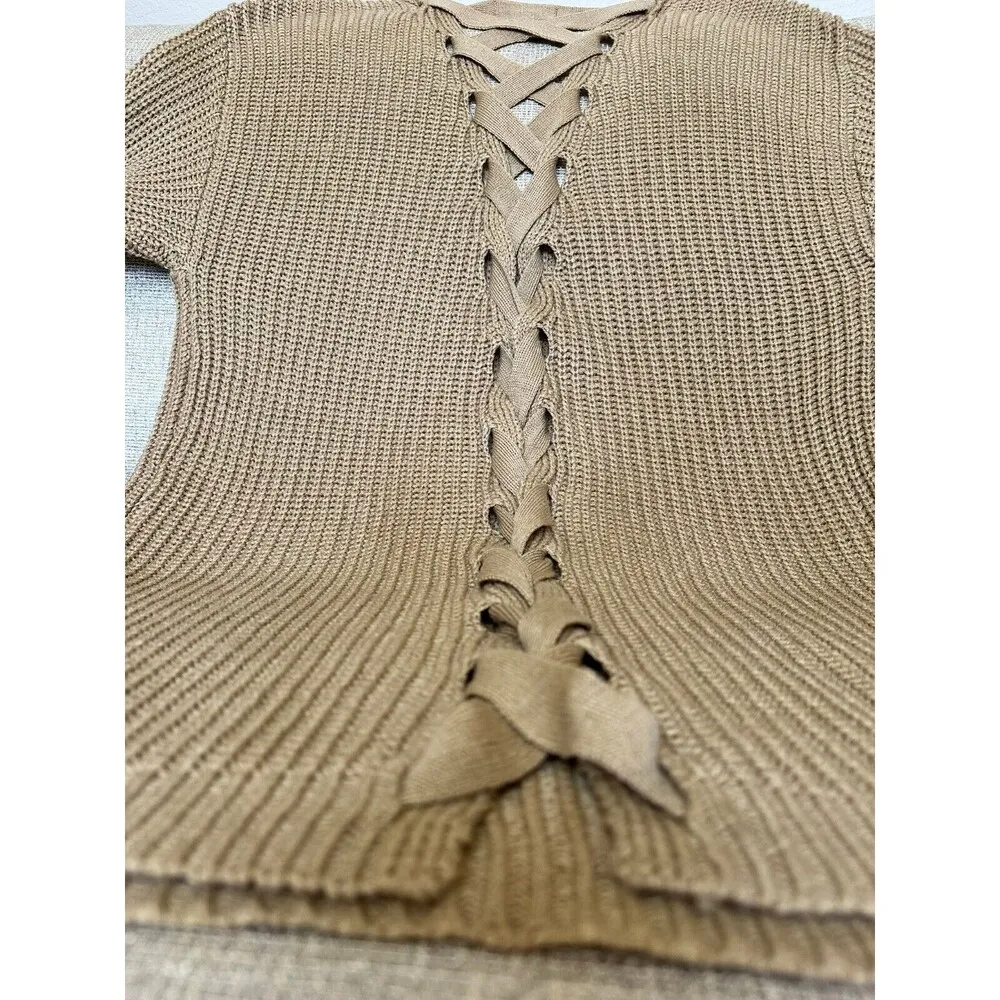 Womens Cable Knit Sweater Ribbon CrissCross Back Lace Up V-Neck SM - Image 6