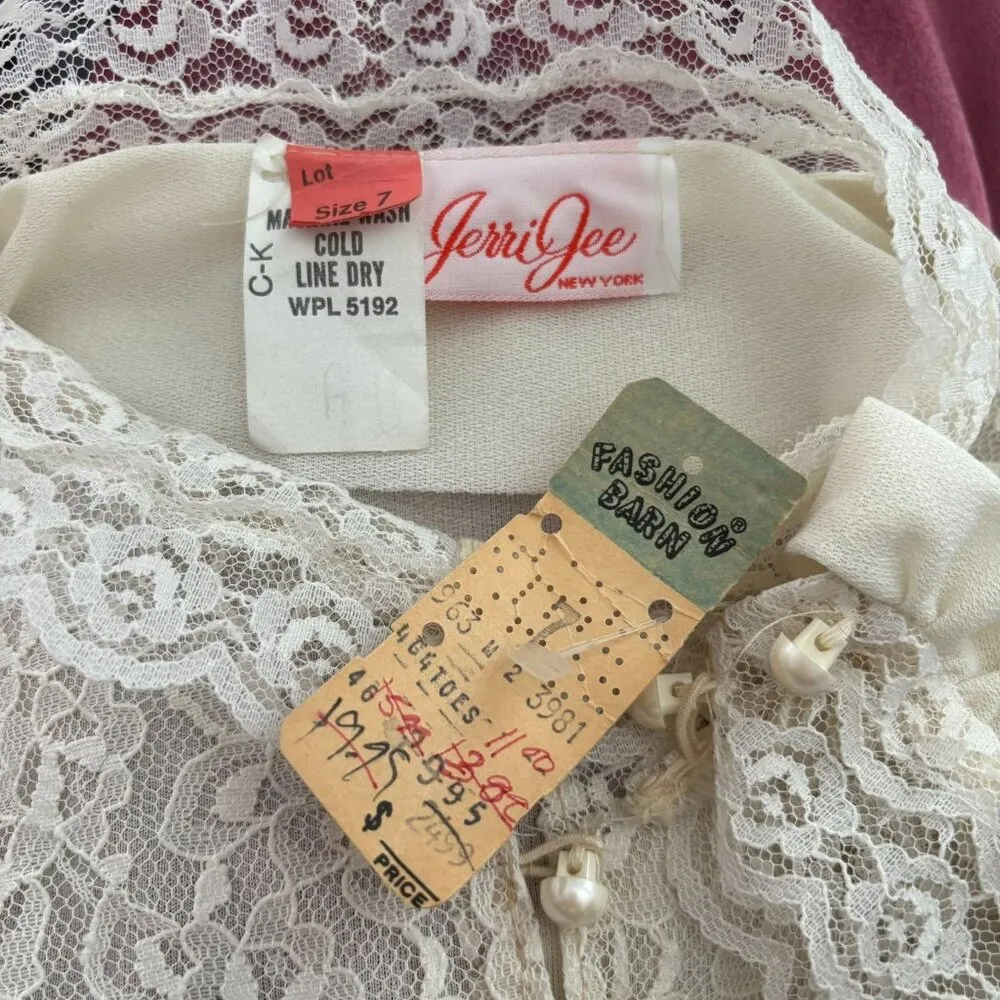 Vintage 70s Jerri Gee Lace Velvet Dress Sz Small Deadstock Small Pearl Button Pink - Image 6