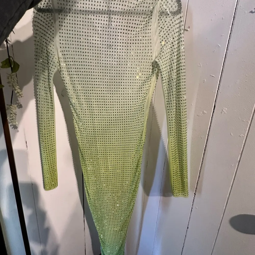 AKIRA Lime Green full rhinestone ombré Long Sleeve midi Dress - Image 6