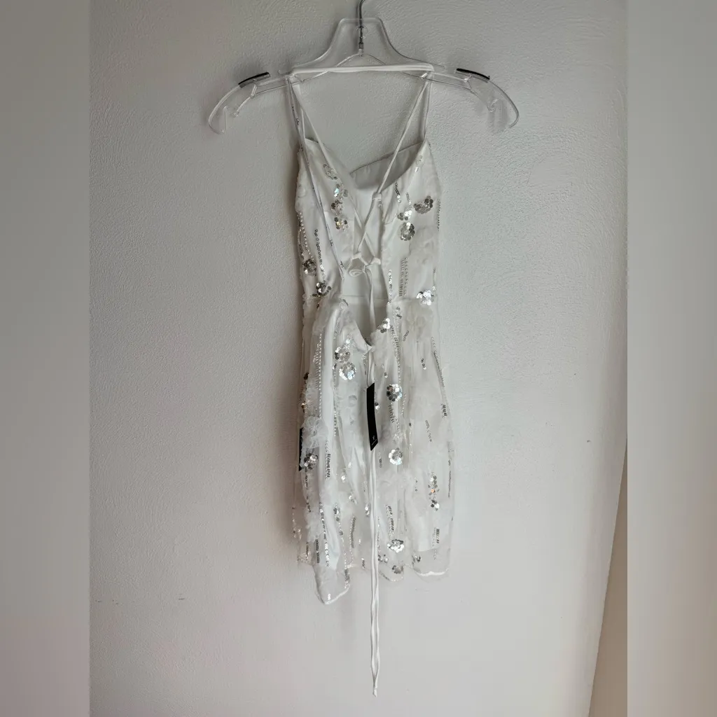 NWT Lulus Sparkly Icon White Tulle 3D Floral Sequince Lace-up Mini Dress - Image 6