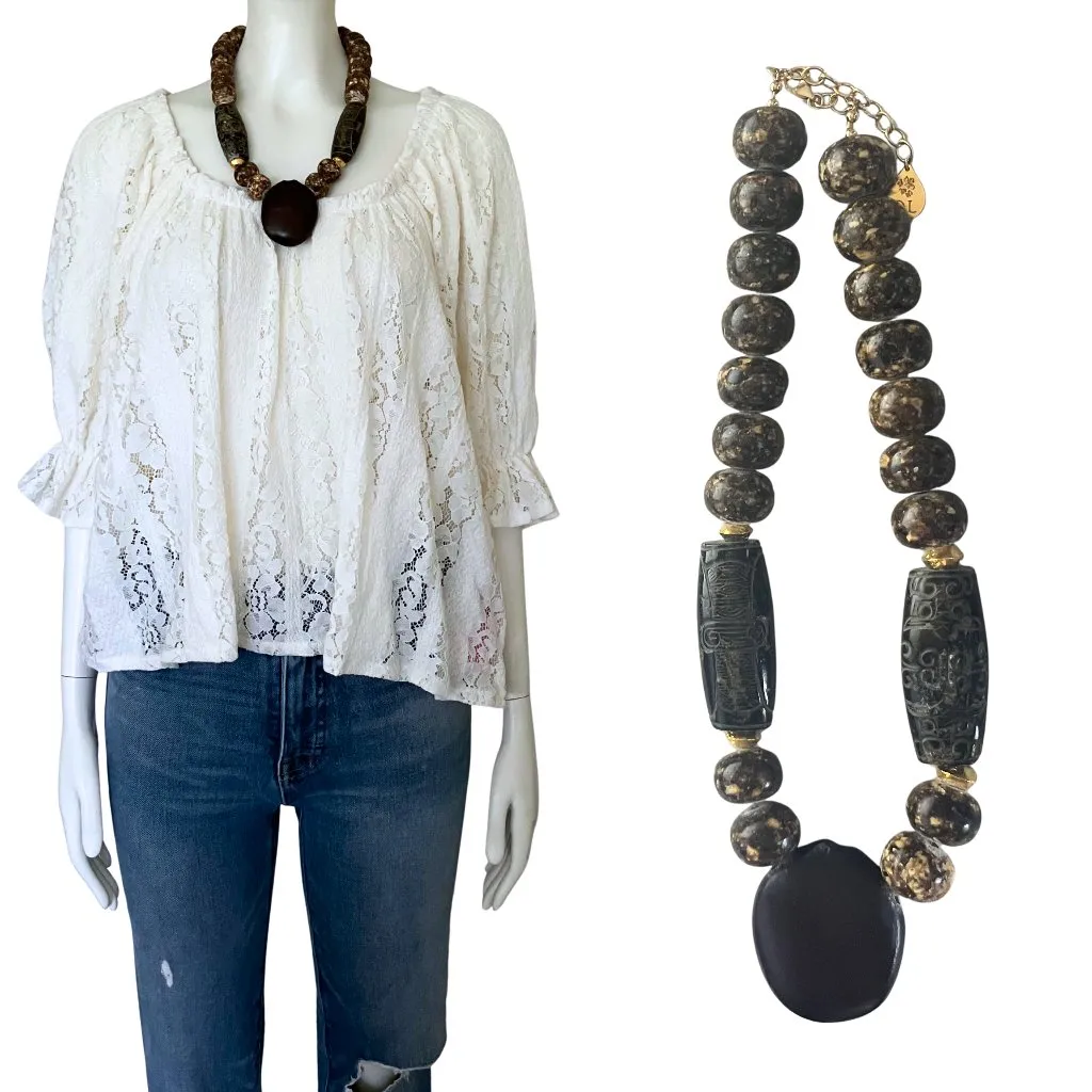 Vintage Artisan Cork Bead & Carved Wood Barrel Boho Statement Necklace Signed DL - Image 2