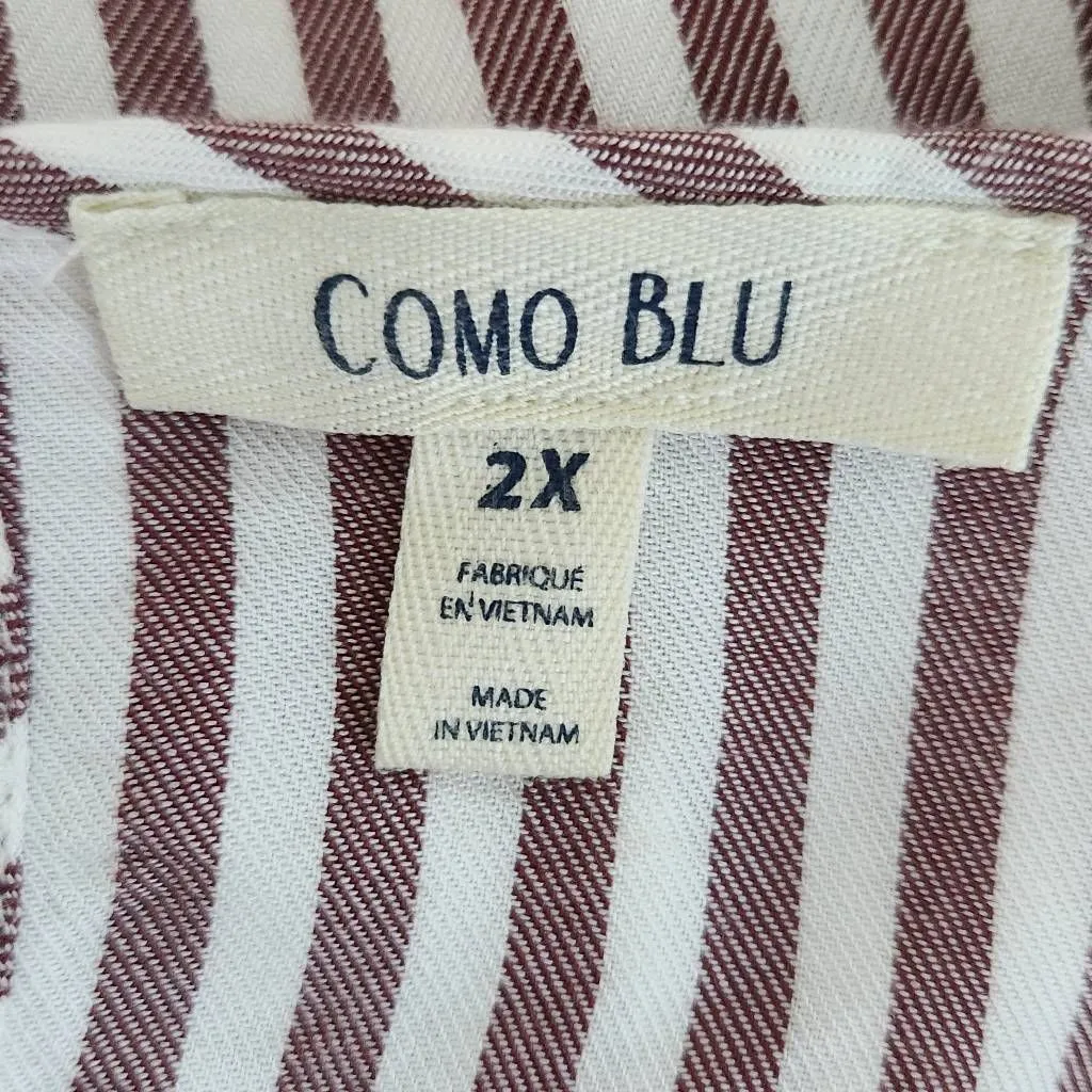 Como Blu Oxblood Stripe Blouse with Bell Sleeves Size 2X Burgundy and White Top Red - Image 7