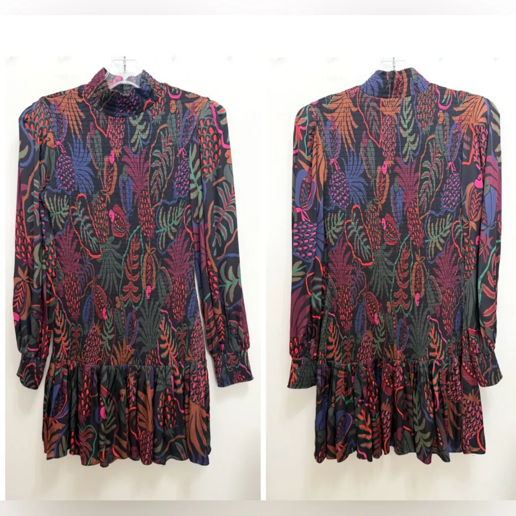 FARM Rio Frutis Dress Smocked Long Blouson Sleeve Drop Waist Multi Color Size XS - Image 5