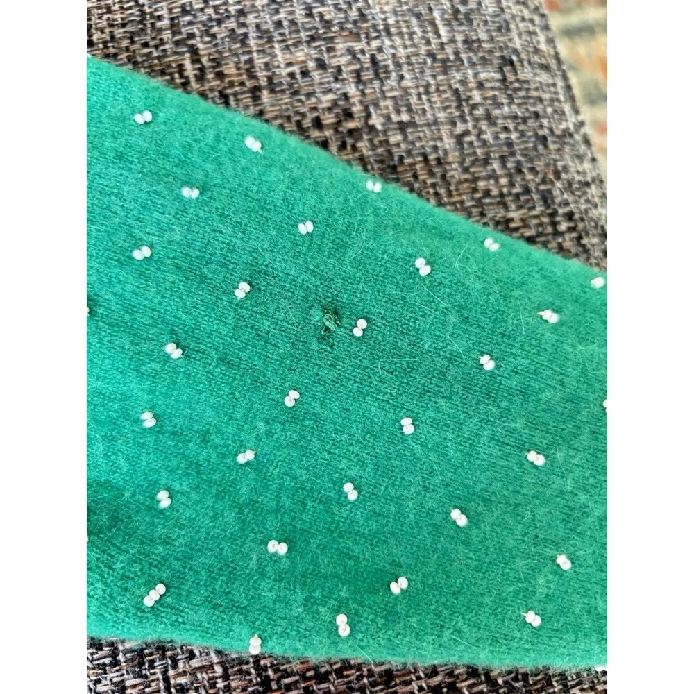 DOREEN LOK Vintage 60s Green Wool White Beads 3/4 Sleeves Cardigan Sweater 36/4 - Image 10