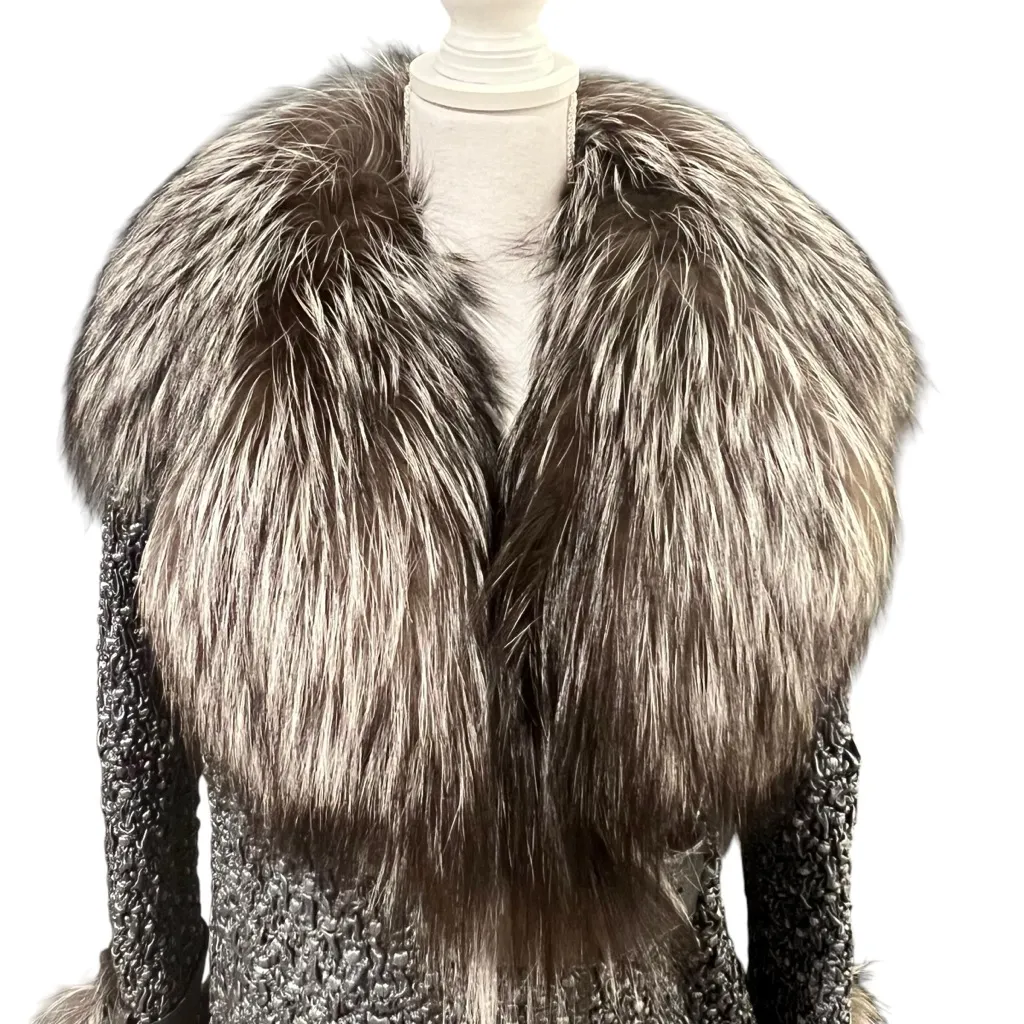 Womens Bubble Lambskin Leather Jacket Genuine Silver Fox Trim Size M Stretch Size M - Image 2