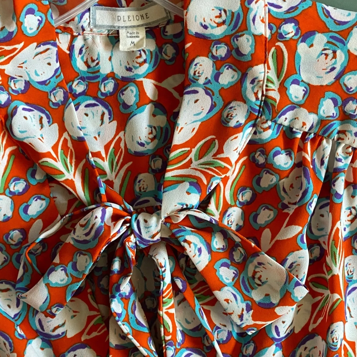 Pleione Retro Floral Tie‑Neck Sleeveless Blouse tank Orange Blue - M‎ EUC - Image 5