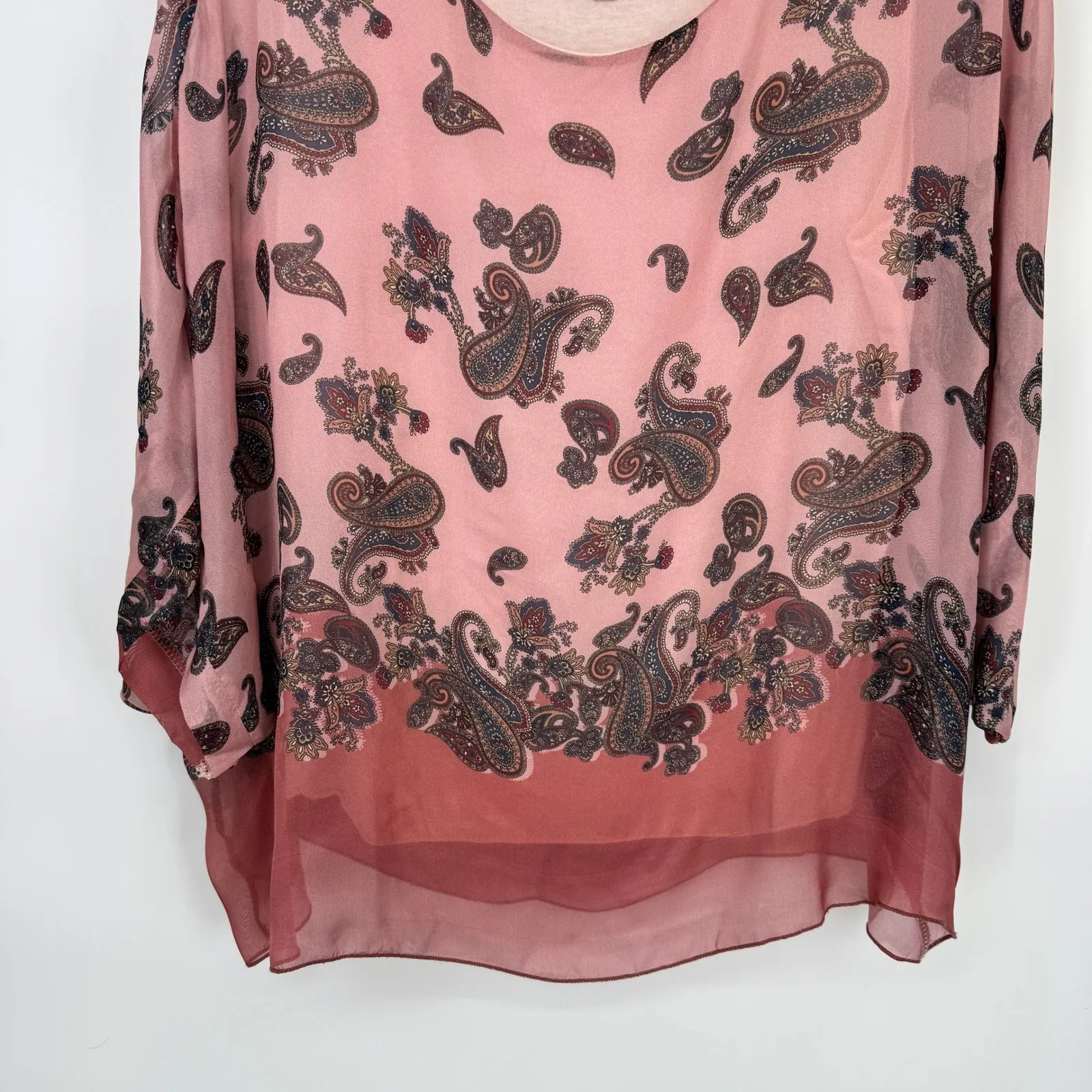 Belle France Sheer Overlay Top Womens M Pink Paisley Silk Blend Made in Italy Size M - Image 3