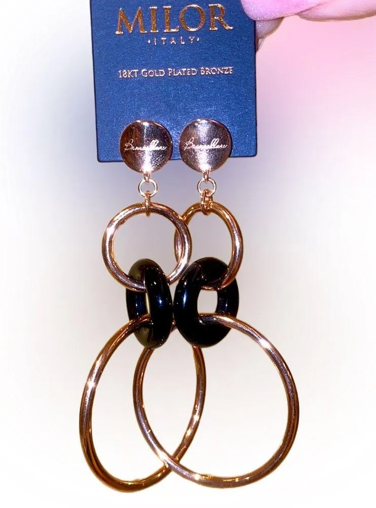 🆕 18kt Rose Gold Earrings Bronzallure & Onyx 3” Dangly Circle Hoop, MILOR ITALY Pink - Image 6