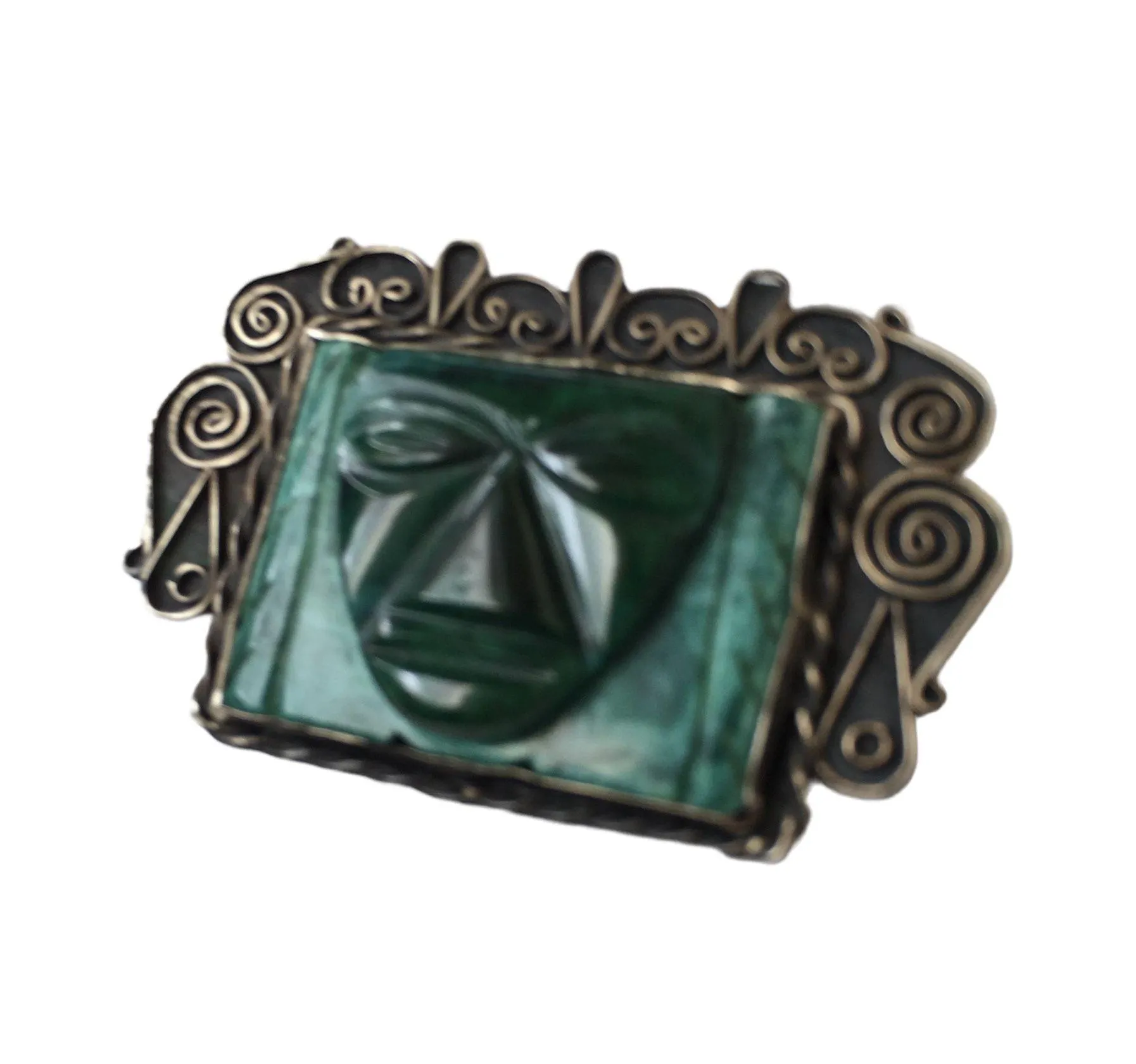 Vintage 40s Mexican Malachite Silver Carved Face Brooch Large Mid Century Green - Image 2