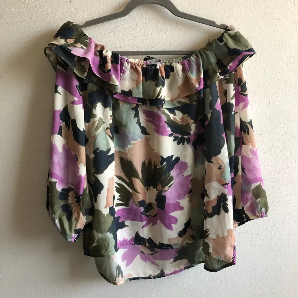J. Crew Mercantile Blouse Floral Ruffled Neck Top Sz XL EUC Off Shoulder - Image 11