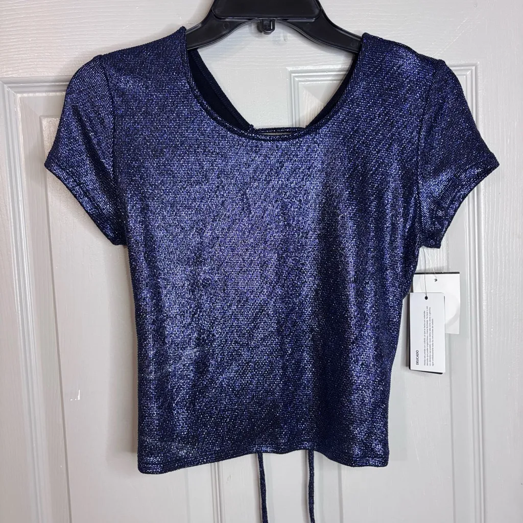 Guess Laced Back Sidra Shine Top NWT Blue Open Back Glitter Crop top Large - Image 6