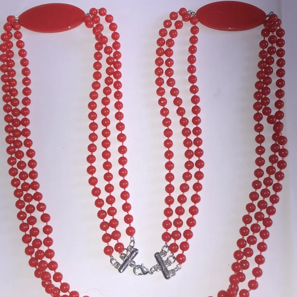 Burnt Red Orange Color Chunky Multi Strand Boho Beaded Retro Necklace - Image 2