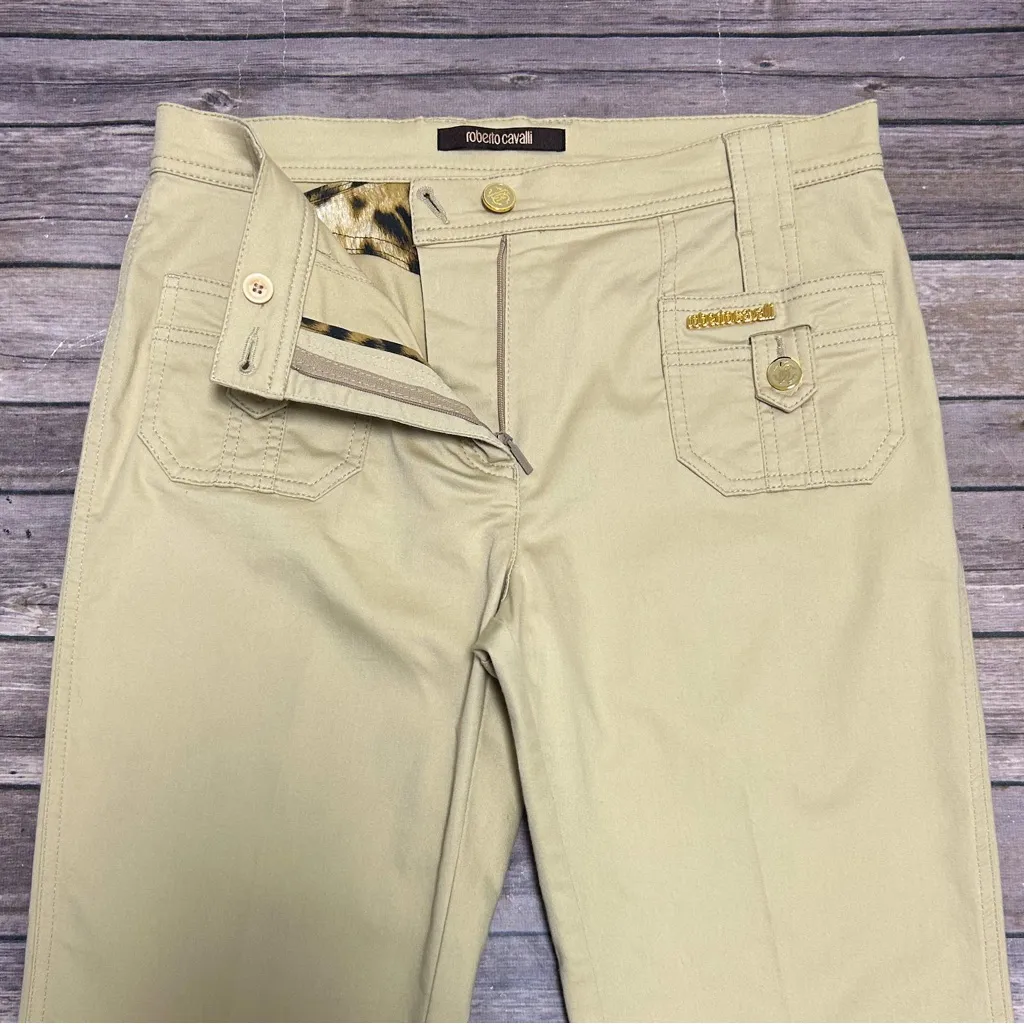 Roberto Cavalli Beige Gold Flare Monogram Button Patch Pockets Mid Rise Pants 42 - Image 5