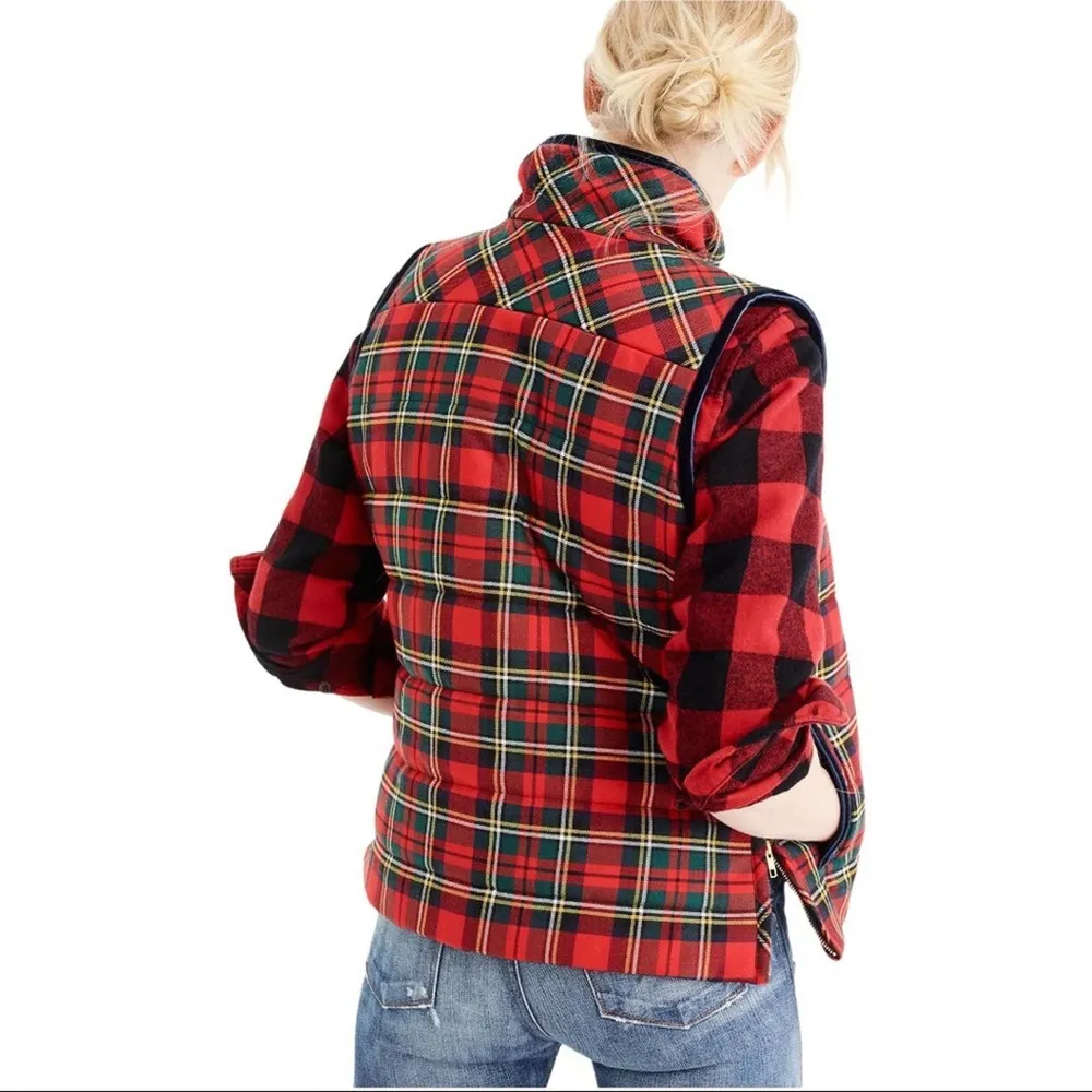 J. Crew Tartan Plaid Mountain Puffer Velvet Trim Vest Red Green Size Small H2712 - Image 14