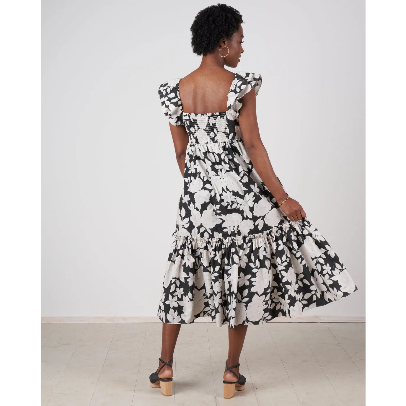 Cara Cara Darby Black White Floral Ruffle Sleeve Tiered Midi Dress Size XS - Image 2