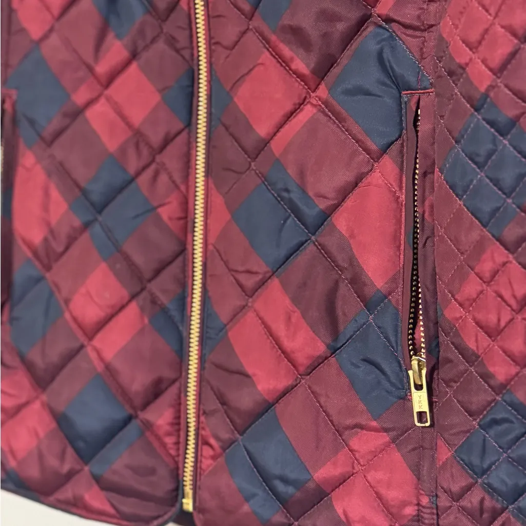 Women’s Crown & Ivy Navy Maroon Gold Hardware Plaid Sleeveless Puff Vest Small - Image 3