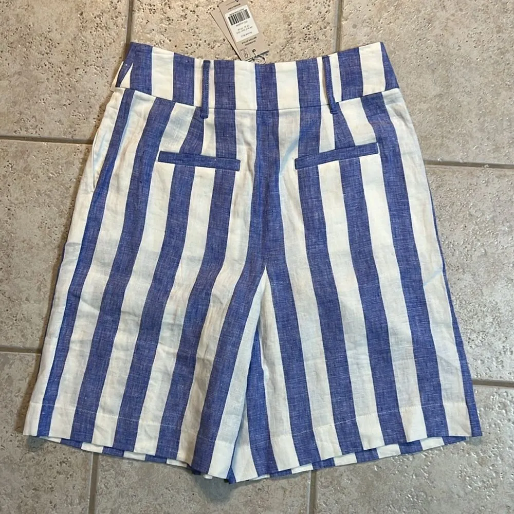 NWT BODEN Linen Pleat Shorts Bluebell and Ivory Stripe 6 B22 White - Image 9