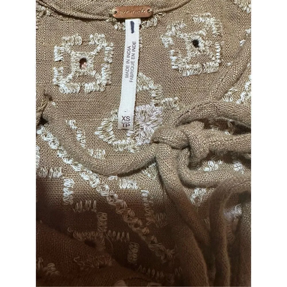 Free People Joni Embroidered Top Linen blend boho cropped sz XS - Image 5