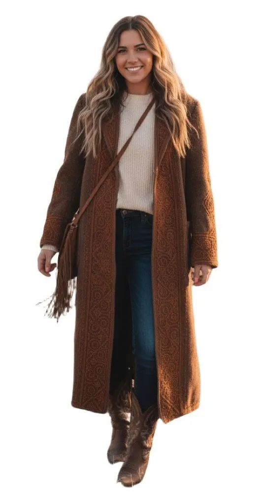 Vintage Western boho handmade size L embroidered wool midi coat. Sash tie. Tan Size L - Image 1