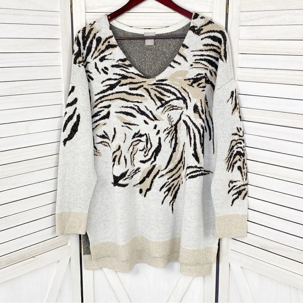 Chico’s Tiger‎ Face Stripe Tunic Sweater Gray Beige Large V Neck Pullover - Image 7