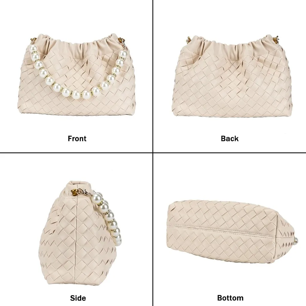 ⚡ Women's Tan Leather Dumpling Pearl Chain Evening Crossbody Clutch Bag - Image 3