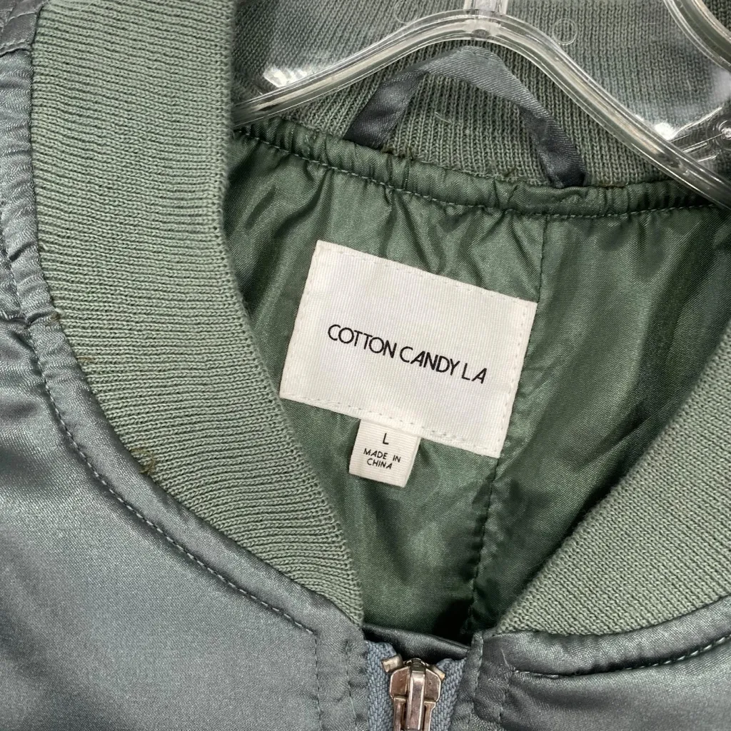 Cotton Candy LA Olive Green Satin Bomber Jacket Size L - Image 5