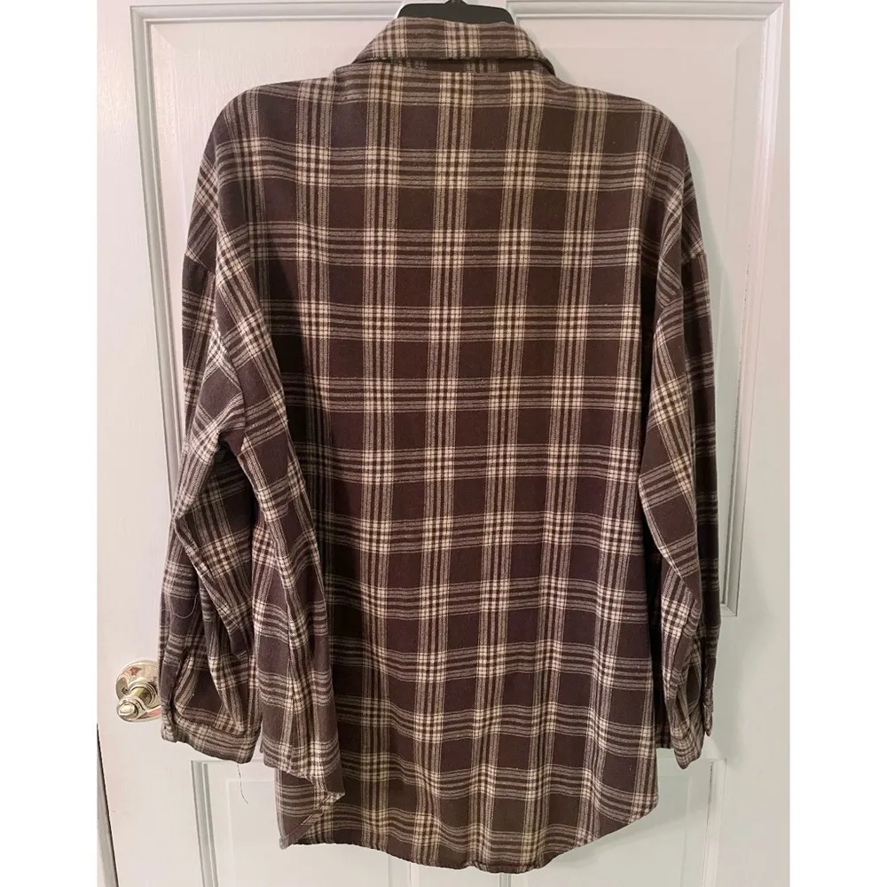 SHEIN Brown Plaid Flannel Button-down Tunic Shirt - Image 2